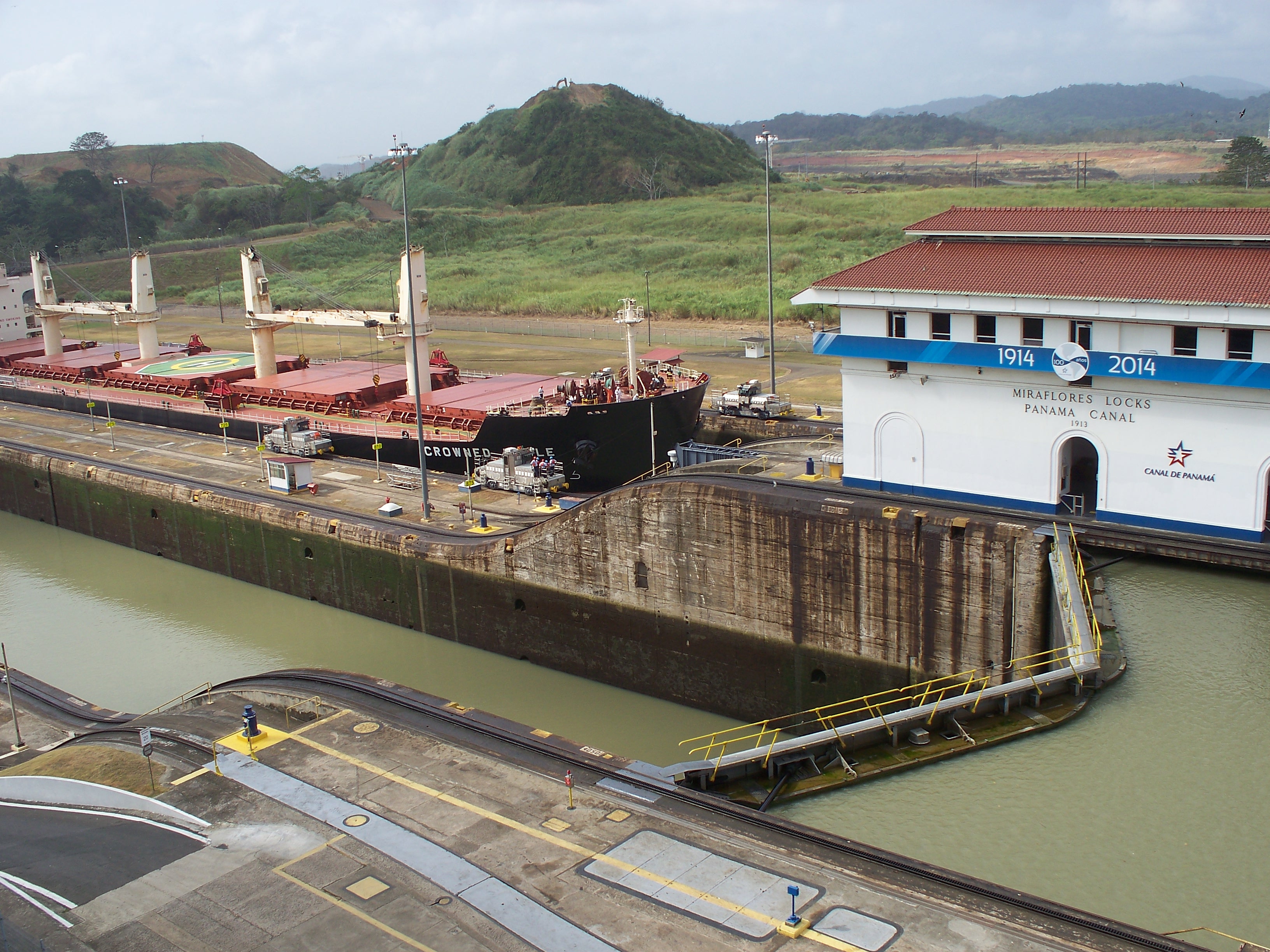 There are three sets of locks on the Panama Canal. Miraflores are the ones closest to the Pacific side. In the background, work continues on the new Canal path.