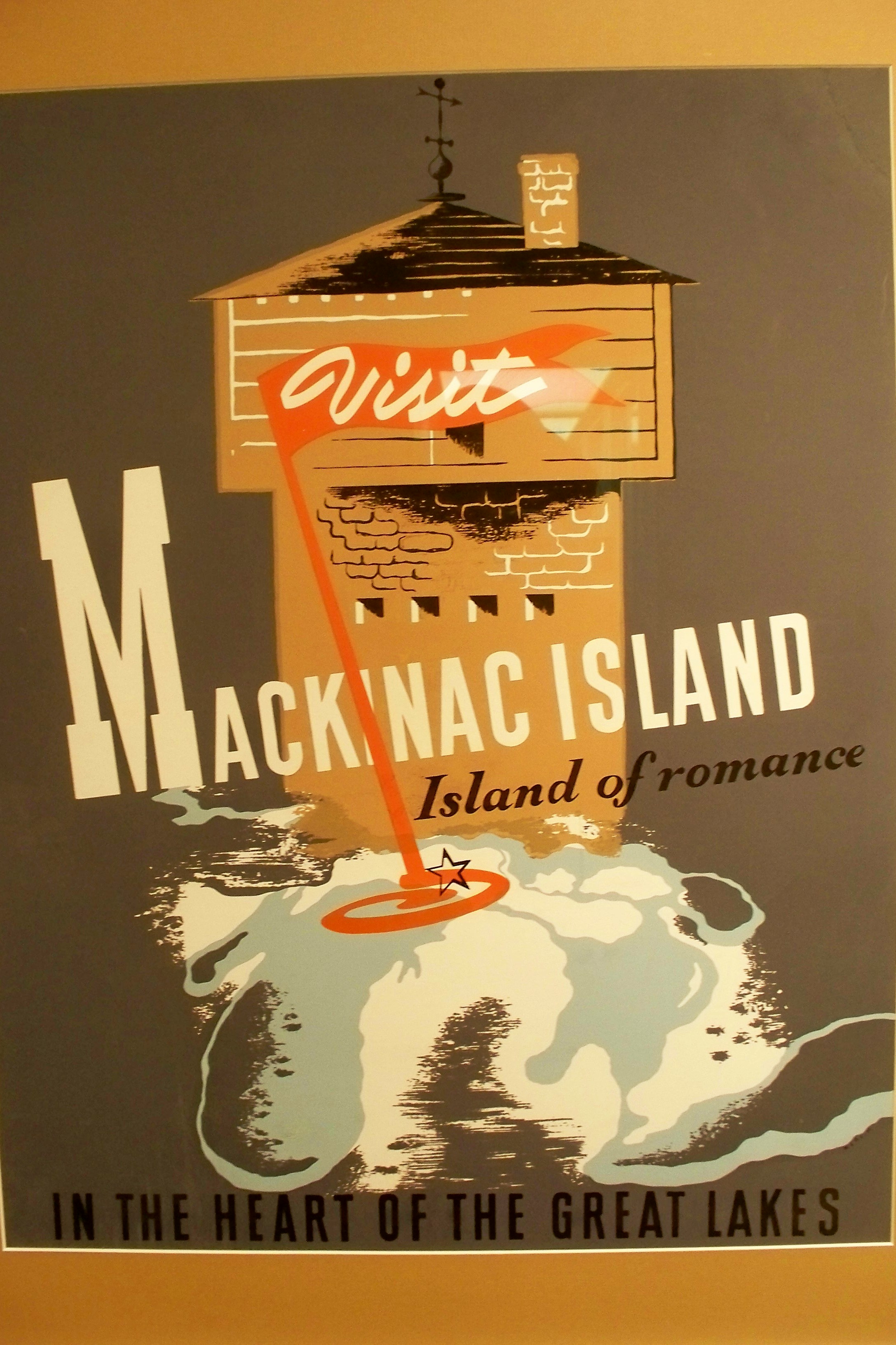 This classic 50's poster spotlights the island's location in the middle of the Great Lakes.